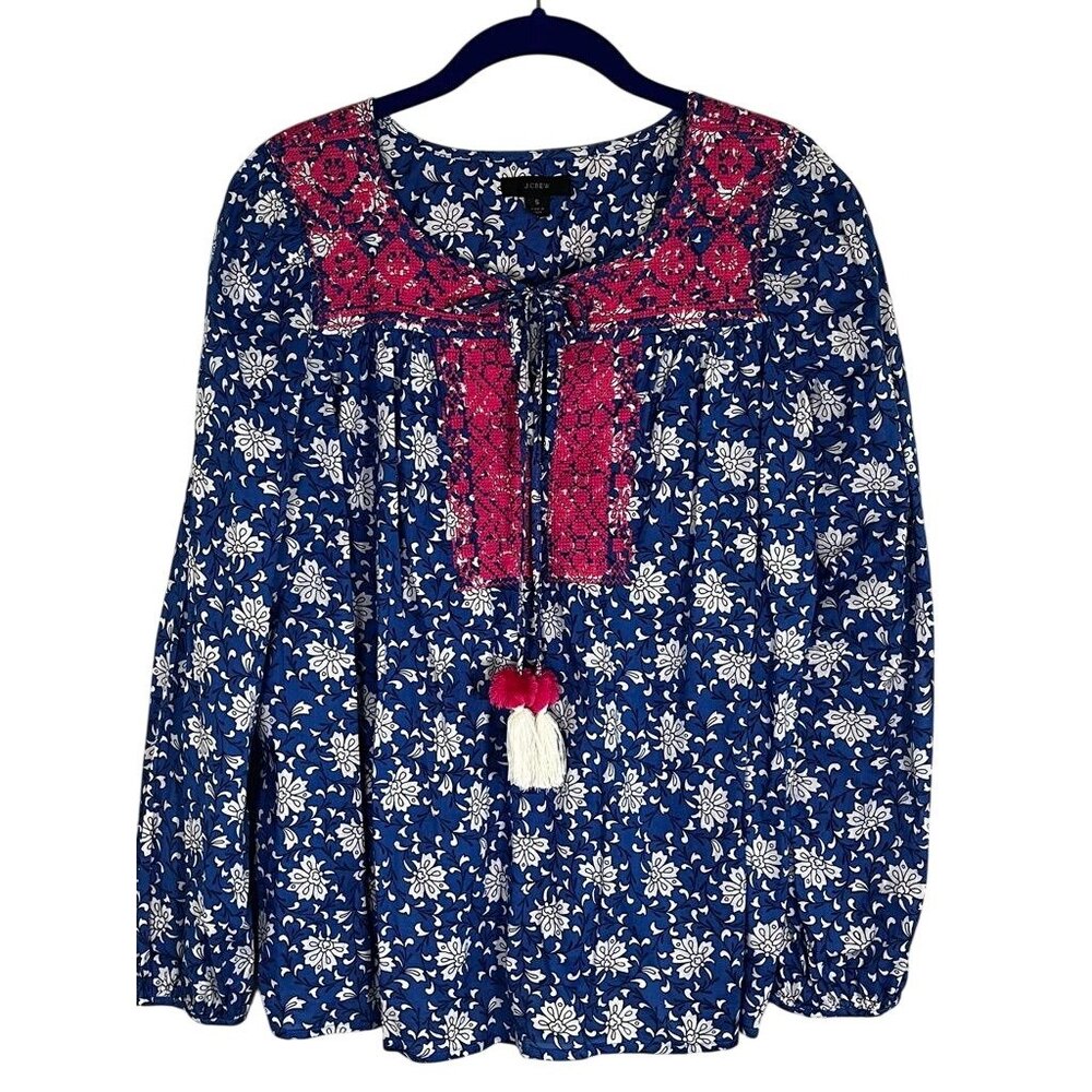 J Crew Floral Embroidered Tunic‎ Top S Blue Boho Western Peasant Colorful Preppy